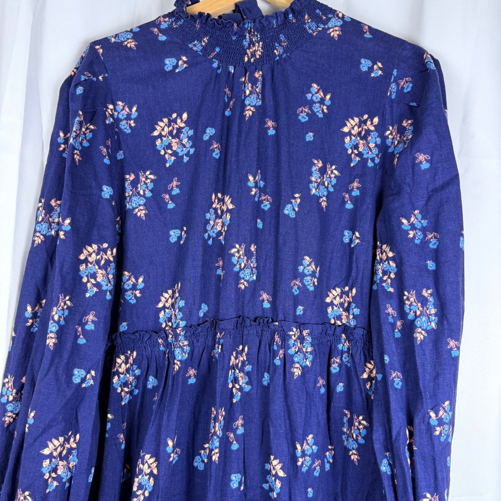 Free People Navy Blue Floral Linen Blend Smocked Tiered Mini Dress OB1091084 L